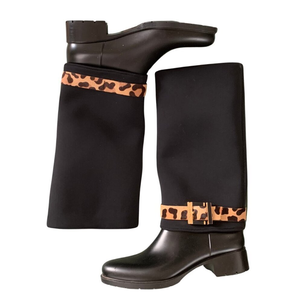 Loriblu Black Knee High Boots with Calf Skin Cheetah Print Buckle Detail Size 10